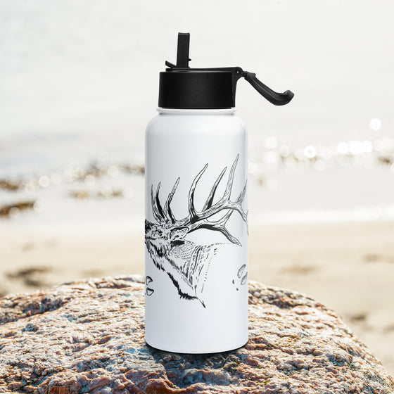 Product mockup of a 32 oz stainless steel Elk Logo water bottle in white with a black straw top from River to Ridge Clothing Brand with a bugling elk and bull elk tracks