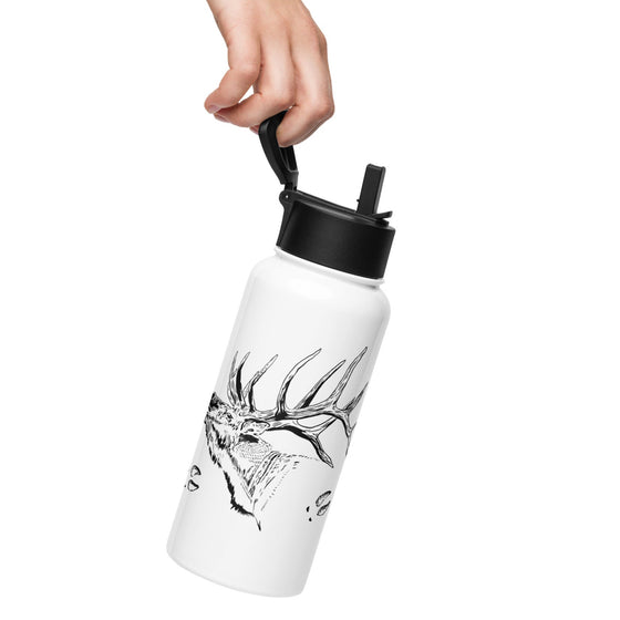 Product mockup of a 32 oz stainless steel Elk Logo water bottle in white with a black straw top from River to Ridge Clothing Brand with a bugling elk and bull elk tracks