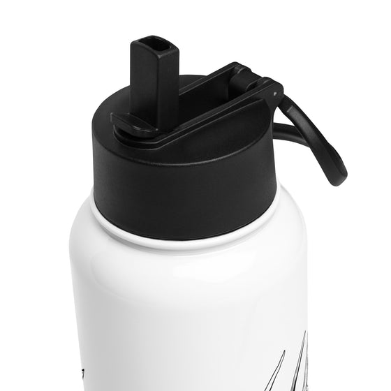 Product mockup of a 32 oz stainless steel Elk Logo water bottle in white with a black straw top from River to Ridge Clothing Brand with a bugling elk and bull elk tracks