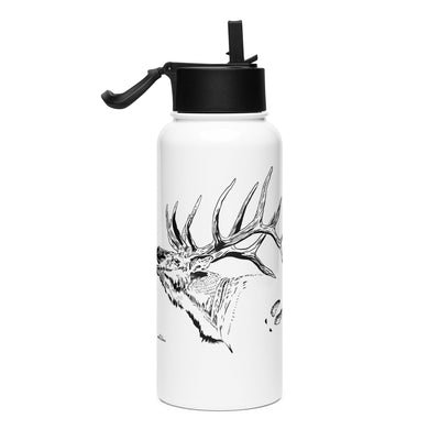 Product mockup of a 32 oz stainless steel Elk Logo water bottle in white with a black straw top from River to Ridge Clothing Brand with a bugling elk and bull elk tracks