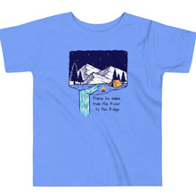 Product mockup of a Christian Scripture T shirt from River To Ridge clothing for children with a waterfall and camping tent on it