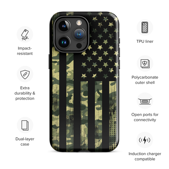 Camo Flag patriotic phone case from River to Ridge Clothing Brand, featuring the american flag in camo and black on an iphone