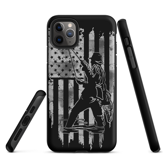 iphone case in black and grey with a man fishing in a river on it over an american flag. From River to Ridge Clothing brand