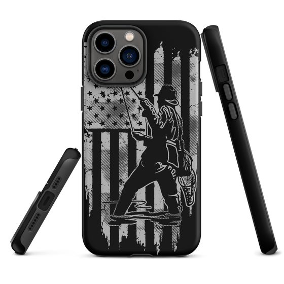 iphone case in black and grey with a man fishing in a river on it over an american flag. From River to Ridge Clothing brand