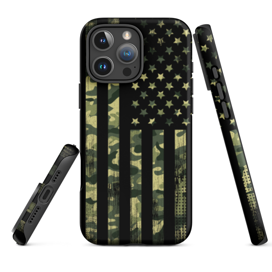 Camo Flag patriotic phone case from River to Ridge Clothing Brand, featuring the american flag in camo and black on an iphone