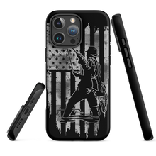  iphone case in black and grey with a man fishing in a river on it over an american flag. From River to Ridge Clothing brand