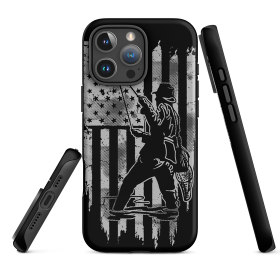 iphone case in black and grey with a man fishing in a river on it over an american flag. From River to Ridge Clothing brand