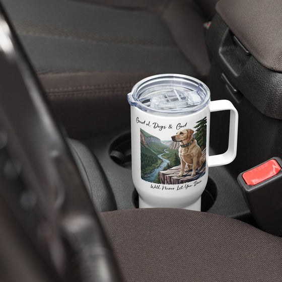 Product mockup of a River to Ridge brand Stainless Steel tumbler travel mug with a yellow lab on it and the words Good ol Dogs and God, will never let you down. Christian drinkware
