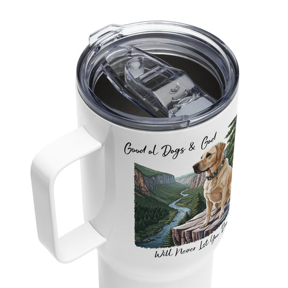 Product mockup of a River to Ridge brand Stainless Steel tumbler travel mug with a yellow lab on it and the words Good ol Dogs and God, will never let you down. Christian drinkware