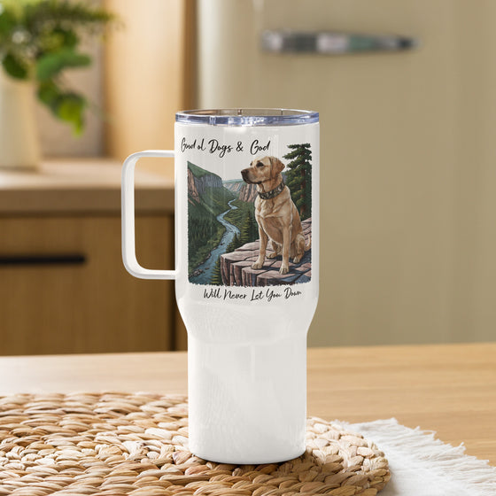 Product mockup of a River to Ridge brand Stainless Steel tumbler travel mug with a yellow lab on it and the words Good ol Dogs and God, will never let you down. Christian drinkware