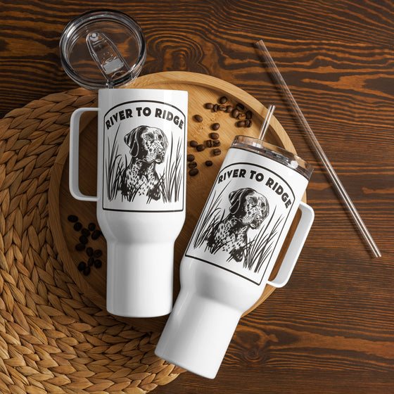 Hunting Dog Water Coffee Tumbler Mug in white stainless steel from River to Ridge Clothing Brand
