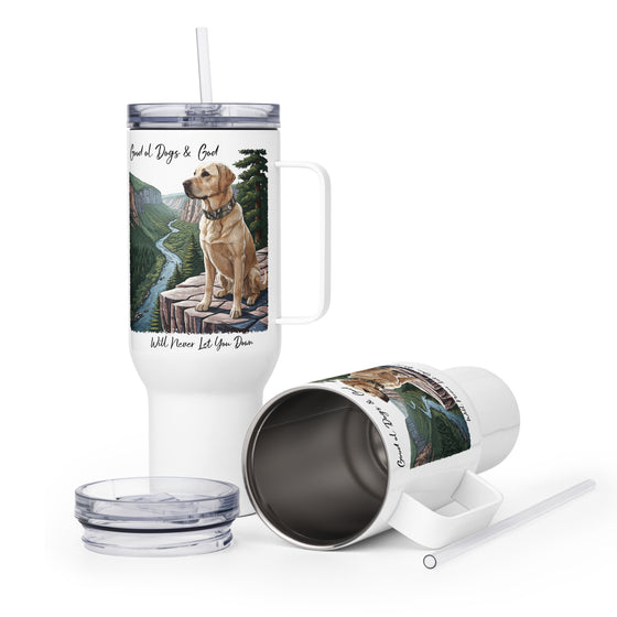 Product mockup of a River to Ridge brand Stainless Steel tumbler travel mug with a yellow lab on it and the words Good ol Dogs and God, will never let you down. Christian drinkware