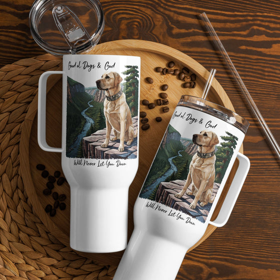 Product mockup of a River to Ridge brand Stainless Steel tumbler travel mug with a yellow lab on it and the words Good ol Dogs and God, will never let you down. Christian drinkware