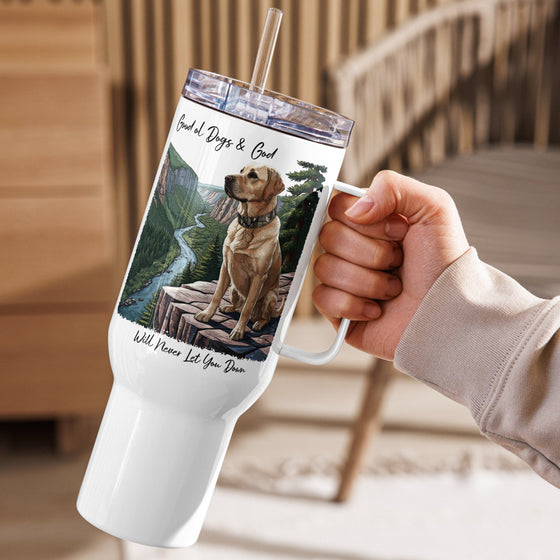 Product mockup of a River to Ridge brand Stainless Steel tumbler travel mug with a yellow lab on it and the words Good ol Dogs and God, will never let you down. Christian drinkware