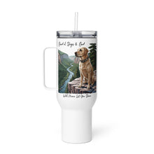  Product mockup of a River to Ridge brand Stainless Steel tumbler travel mug with a yellow lab on it and the words Good ol Dogs and God, will never let you down. Christian drinkware