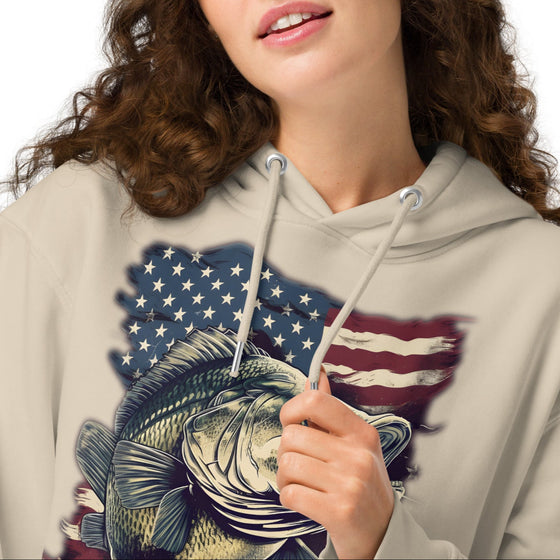 Product mockup of a River to Ridge Clothing Unisex fishing hoodie with the Bass Fishing USA Logo on it. American Flag and a Large Mouth Bass.