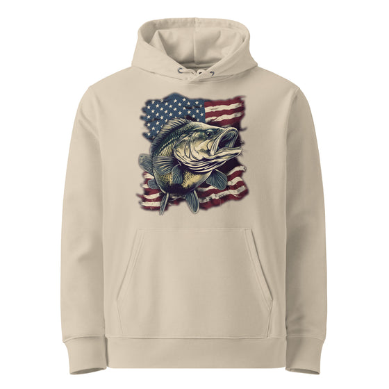 Product mockup of a River to Ridge Clothing Unisex fishing hoodie with the Bass Fishing USA Logo on it. American Flag and a Large Mouth Bass.