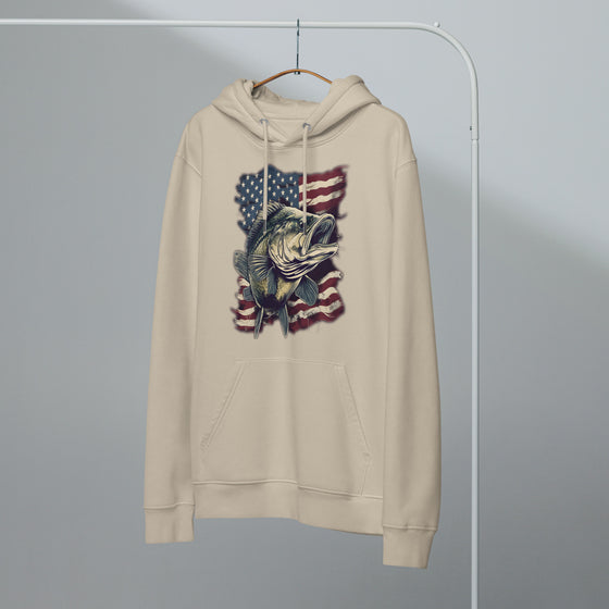 Product mockup of a River to Ridge Clothing Unisex fishing hoodie with the Bass Fishing USA Logo on it. American Flag and a Large Mouth Bass.