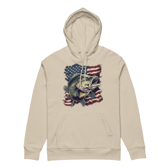 Product mockup of a River to Ridge Clothing Unisex fishing hoodie with the Bass Fishing USA Logo on it. American Flag and a Large Mouth Bass.