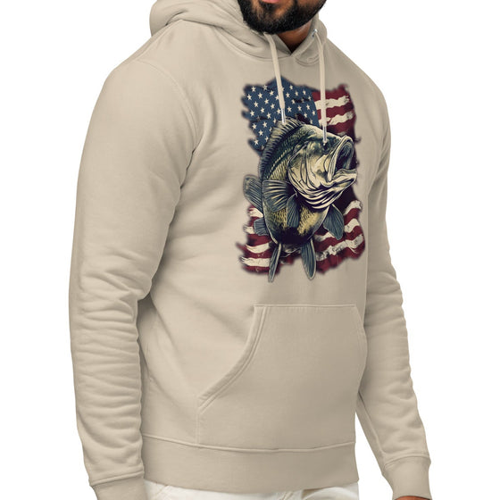 Product mockup of a River to Ridge Clothing Unisex fishing hoodie with the Bass Fishing USA Logo on it. American Flag and a Large Mouth Bass.