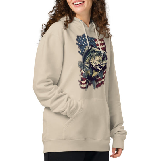 Product mockup of a River to Ridge Clothing Unisex fishing hoodie with the Bass Fishing USA Logo on it. American Flag and a Large Mouth Bass.