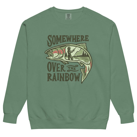 Product mockup of a River to Ridge Clothing Brand Somewhere Over the Rainbow Womens Trout fishing Pullover sweatshirt with a woman fishing inside a rainbow trout drawing.