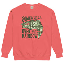  Product mockup of a River to Ridge Clothing Brand Womens Pullover Sweatshirt with the Somewhere Over the Rainbow, Trout Fishing Logo on it with a woman fishing on a river inside of the rainbow trout drawing