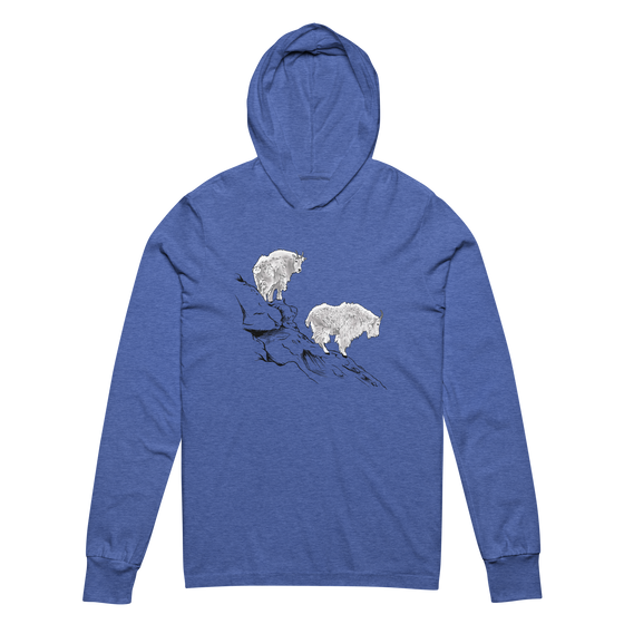 Womens lightweight t shirt hoodie with alaskan mountain goats standing on a cliff, blue and white