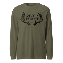  Men's Olive Long Sleeve T Shirt from River to Ridge clothing brand with Mule Deer antler sheds on it