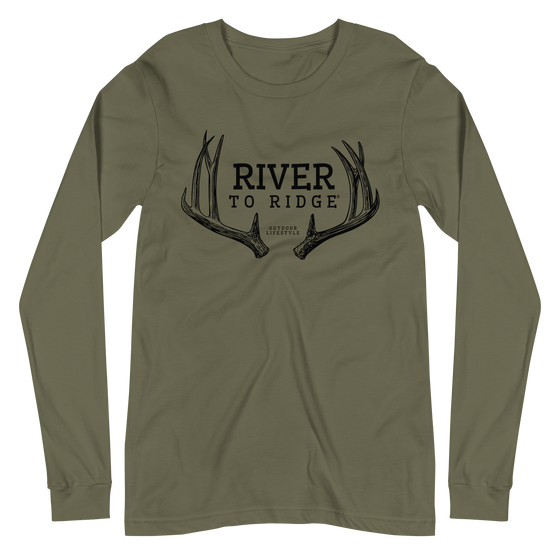 Men's Olive Long Sleeve T Shirt from River to Ridge clothing brand with Mule Deer antler sheds on it