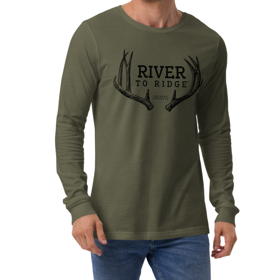 Men's Olive Long Sleeve T Shirt from River to Ridge clothing brand with Mule Deer antler sheds on it.  Worn by an athletic man wearing jeans