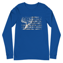  whitetail deer skull flag logo in camo on a blue long sleeve t shirt from river to ridge clothing brand