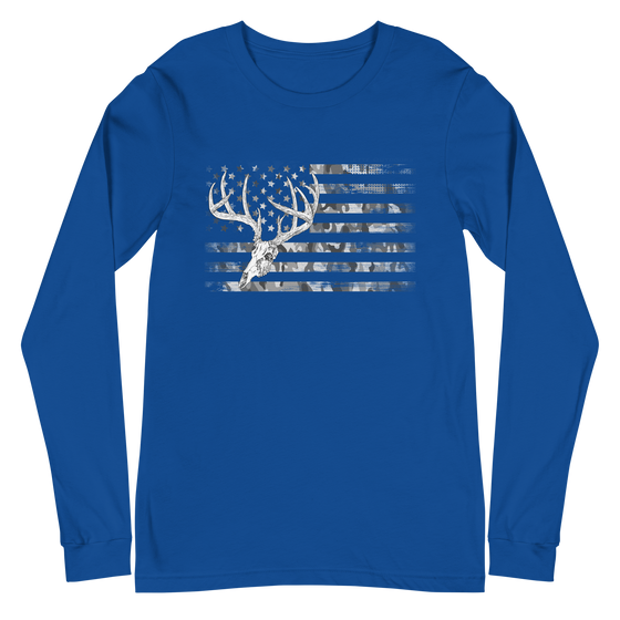 whitetail deer skull flag logo in camo on a blue long sleeve t shirt from river to ridge clothing brand