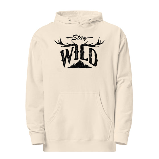 Stay wild hoodie with antlers and mountains in bone; hoodie from River to Ridge brand