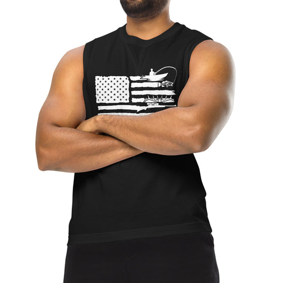 Product mockup of a River to Ridge Clothing Brand Men's sleeveless Muscle Tank top with a sportsman's flag logo on it with bass fishing, antlers from elk, fishing pole in the stripes of the American flag