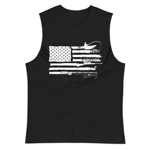  Product mockup of a River to Ridge Clothing Brand Men's sleeveless Muscle Tank top with a sportsman's flag logo on it with bass fishing, antlers from elk, fishing pole in the stripes of the American flag