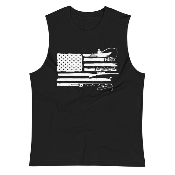 Product mockup of a River to Ridge Clothing Brand Men's sleeveless Muscle Tank top with a sportsman's flag logo on it with bass fishing, antlers from elk, fishing pole in the stripes of the American flag
