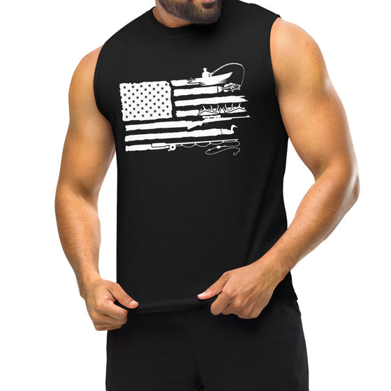 Product mockup of a River to Ridge Clothing Brand Men's sleeveless Muscle Tank top with a sportsman's flag logo on it with bass fishing, antlers from elk, fishing pole in the stripes of the American flag