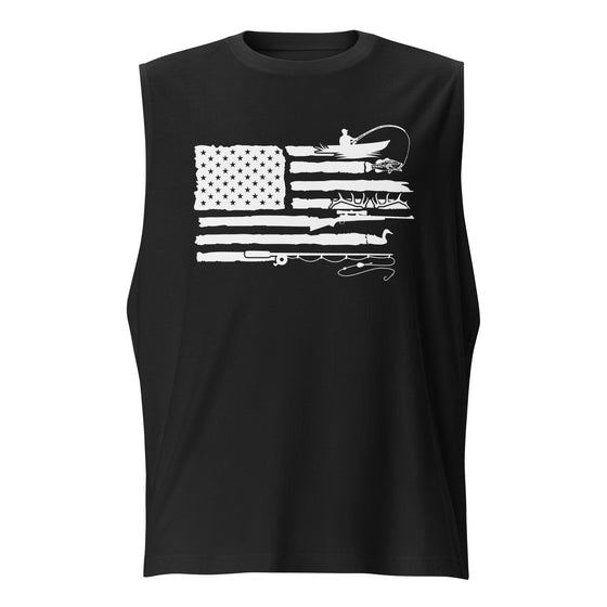 Product mockup of a River to Ridge Clothing Brand Men's sleeveless Muscle Tank top with a sportsman's flag logo on it with bass fishing, antlers from elk, fishing pole in the stripes of the American flag