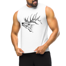  Men's Muscle Tank Top in white, from River to Ridge Clothing Brand with an Elk bugling on it