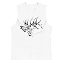  Men's River to Ridge Clothing Brand sleeveless muscle tank top in white with a bugling elk logo on it with big antlers.