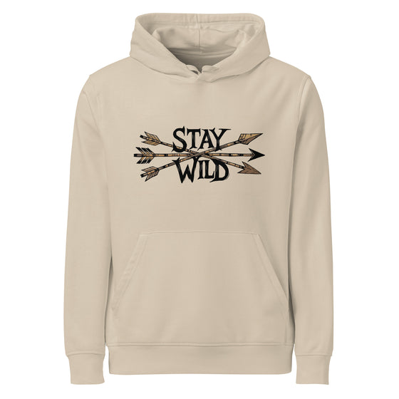 Product mockup of a River to Ridge Clothing Brand hoodie with the Stay Wild Archery Bowhunting Logo on it with traditional african arrows