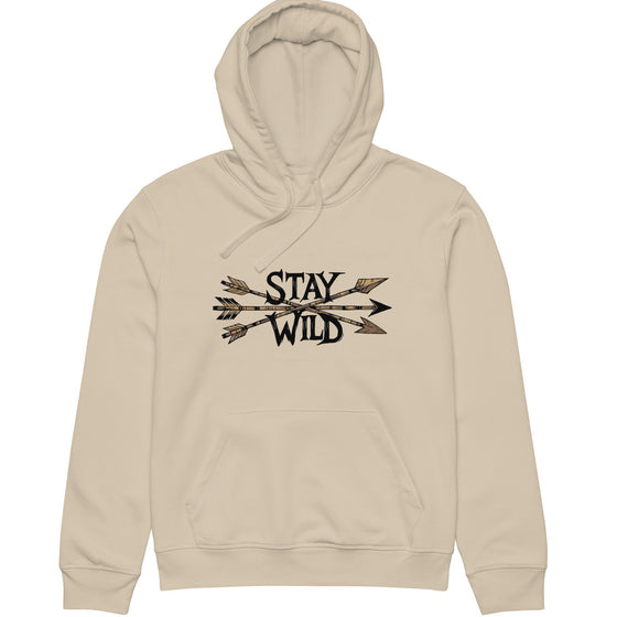 Product mockup of a River to Ridge Clothing Brand hoodie with the Stay Wild Archery Bowhunting Logo on it with traditional african arrows