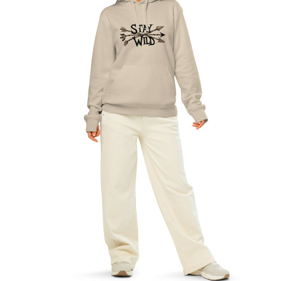 Product mockup of a River to Ridge Clothing Brand hoodie with the Stay Wild Archery Bowhunting Logo on it with traditional african arrows
