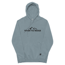  Indigo Blue Womens Hoodie with the River to Ridge Clothing Mountain Logo embroidered on the chest and cuff of sleeve.