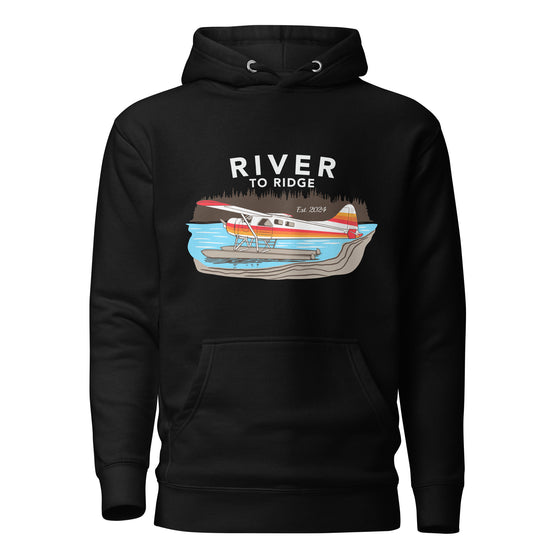 Men's Backcountry Taxi Hoodie from River to Ridge Clothing Brand with an Alaskan Bush Plane, Otter on floats on a lake on a black pullover