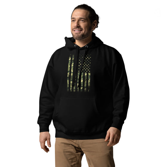Man wearing 2XL hoodie with Camo Patriotic US Flag from R2R Apparel