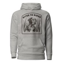  Mock up of a River to Ridge Brand Bird Dog Hunting Hoodie in grey with a Pointer dog on it