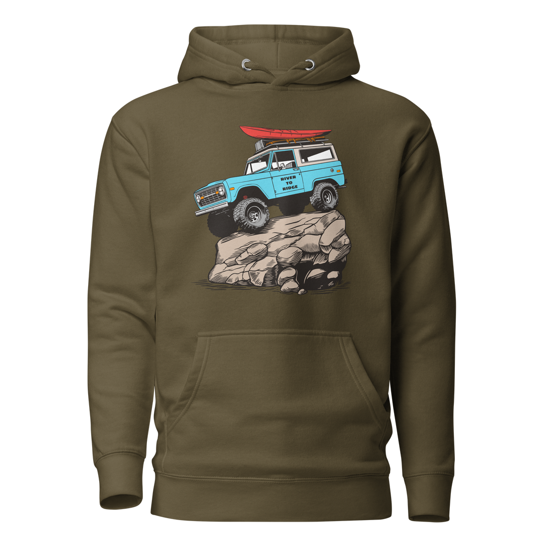  Mens Offroad Classic Hoodie in olive green from River to Ridge Brand. Hoodie has a Bronco in blue doing a rock crawl with a red kayak on top and big tires.