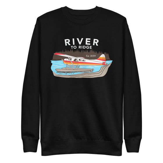 Backcountry Taxi, Bush Plane Logo Womens Pullover Sweatshirt from River to Ridge Clothing Brand with an Otter on floats on a lake in Alaska